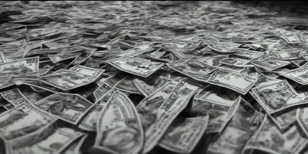 Image similar to a film still of cash money piling up in a vault, shallow depth of field, cinematic, award winning cgi, vfx, film still cfg _ scale : 3 0. 0