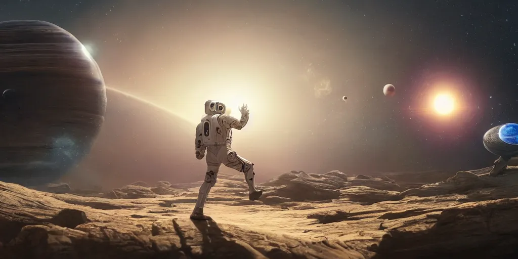 Image similar to a man in a space suit running in a alien planet with a planet and a galaxy appearing in the sky, digital art, greg rutkowski, concept art, octane render, unreal engine 5, trending on artstation, high quality, highly detailed, 8 k, soft lighting, path traced, digital painting, masterpiece, anatomically correct, realistic, high coherence