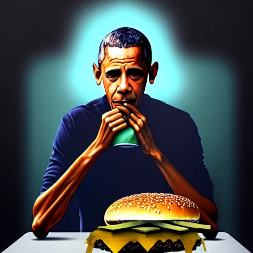 Image similar to barrack obama eating a cheese burger sitting on the iron throne, concept art, intricate, highly detailed, 8 k, trending on artstation, art greg rutkowski, by jordan grimmer