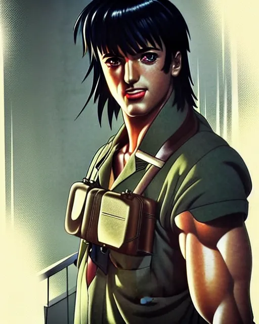 Prompt: portrait Anime 1940s Stallone Rambo Sharp fine face, realistic shaded Perfect face, fine details. Anime. cyberpunk realistic shaded lighting by katsuhiro otomo ghost-in-the-shell, magali villeneuve, artgerm, rutkowski Jeremy Lipkin and Giuseppe Dangelico Pino and Michael Garmash and Rob Rey