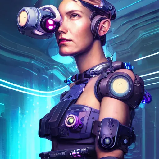 Prompt: portrait of a beautiful cybernetic tankgirl wearing an oculus rift headset, cyberpunk concept art by pete mohrbacher and artgerm and wlop and deathburger and syd mead, digital art, highly detailed, intricate, sci-fi, neon colors, sharp focus, Trending on Artstation HQ, deviantart, unreal engine 5, 4K UHD image