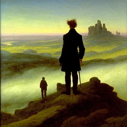 Prompt: Wanderer above the Sea of Fog by Caspar David Friedrich