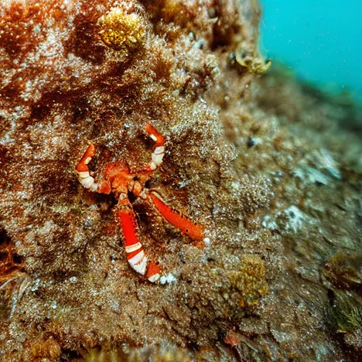 Prompt: underwater macro photo of nephrops in burrow on seabed with signpost