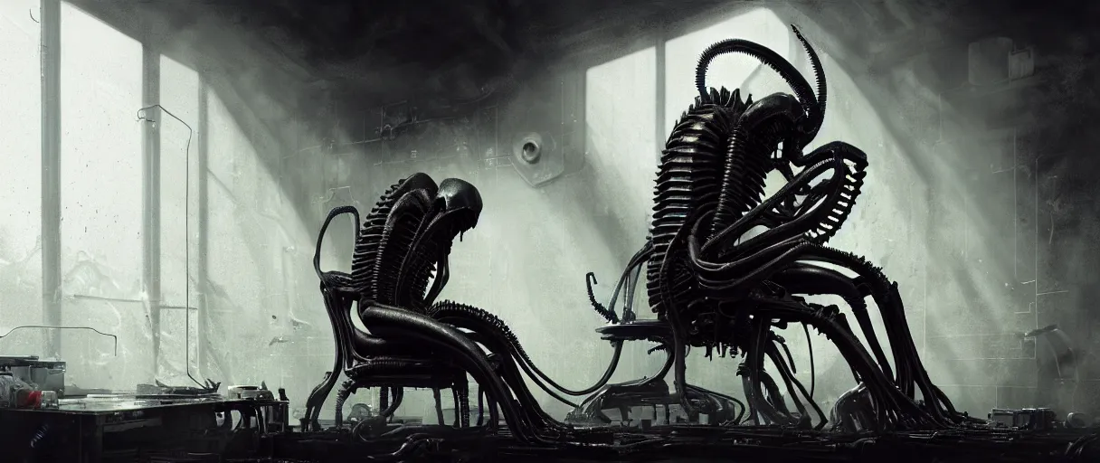 Prompt: duotone noir hyperreal concept illustration of fossilized black xenomorph alien machinery engineer sitting in chair by hr giger. cosmic horror atmosphere. accidental renaissance composition. cinematic volumentric lighting. by sachin teng and sergey kolesov and ruan jia and heng z. graffiti art, scifi, fantasy, hyper detailed. octane render. trending on artstation