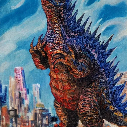 Image similar to impressionist painting of Godzilla in the style of Charles R. Knight