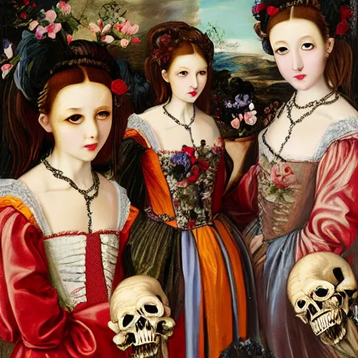 Image similar to renaissance, baroque oil painting brushstrokes, group of creepy young ladies wearing renaissance long harajuku manga dress with flowers and skulls, background chaotic flowers