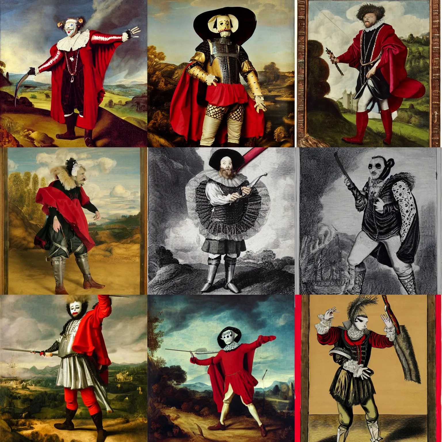 Prompt: man wearing theater comedy mask flies over a landscape , he is wearing elizabethan boots and ruff, he is wearing a red billowing capelet draped over his shoulder, he is wearing steel pauldrons vambraces and gauntlets, he carries a shortsword in his left hand, dramatic theater lighting