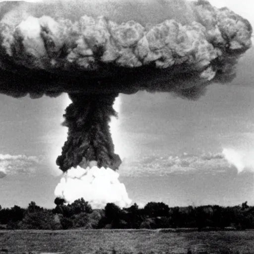 Prompt: newsreel footage of a nuclear explosion