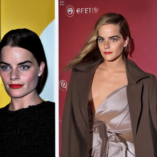 Image similar to a woman who is a genetic combination of margot robbie and emma watson face and upper - body focus