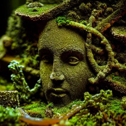 Prompt: Ruins, Nicolas Cage underwater mossy old statue, ruins, photo, dark, kelp and moss all over, bottom of ocean, deep ocean, bottom of ocean, dark, 35mm, fish, underwater landscape, 4k, detailed, photorealistic, photo, Atlantis, underwater camera, fish, fish, fish