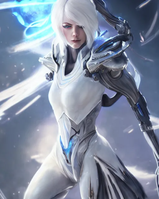 Image similar to perfect white haired girl, warframe armor, beautiful, pretty face, blue eyes, detailed, windy weather, scifi, platform, laboratory, experiment, 4 k, ultra realistic, epic lighting, high detail, masterpiece, by akihito tsukushi, charlie bowater, ross tran