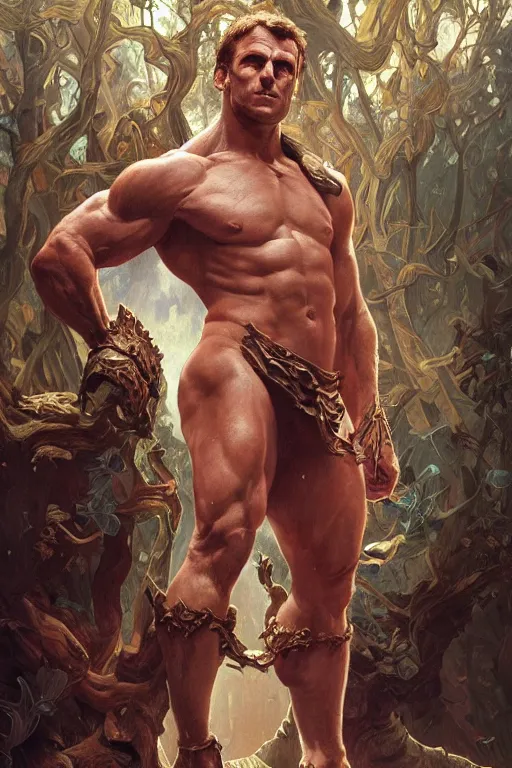 Image similar to portrait of emmanuel macron as a hulking herculean demon, forest, godlike, full body, fantasy, intricate, elegant, highly detailed, digital painting, artstation, concept art, sharp focus, illustration, art by artgerm and greg rutkowski and alphonse mucha