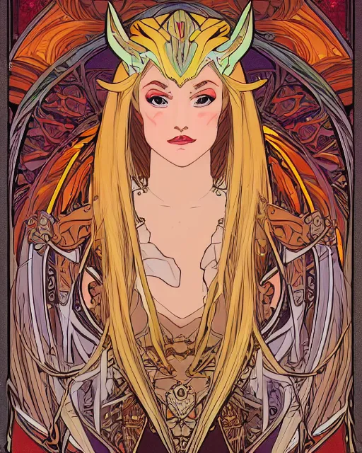 Prompt: She-Ra, long blonde hair, symmetrical portrait RPG avatar, by Mucha, intricate, 8k,