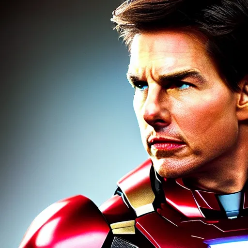 Image similar to A photo of Tom Cruise as Ironman, head shoot, promo shot, highly detailed, sharp focus, kodak film, studio lighting