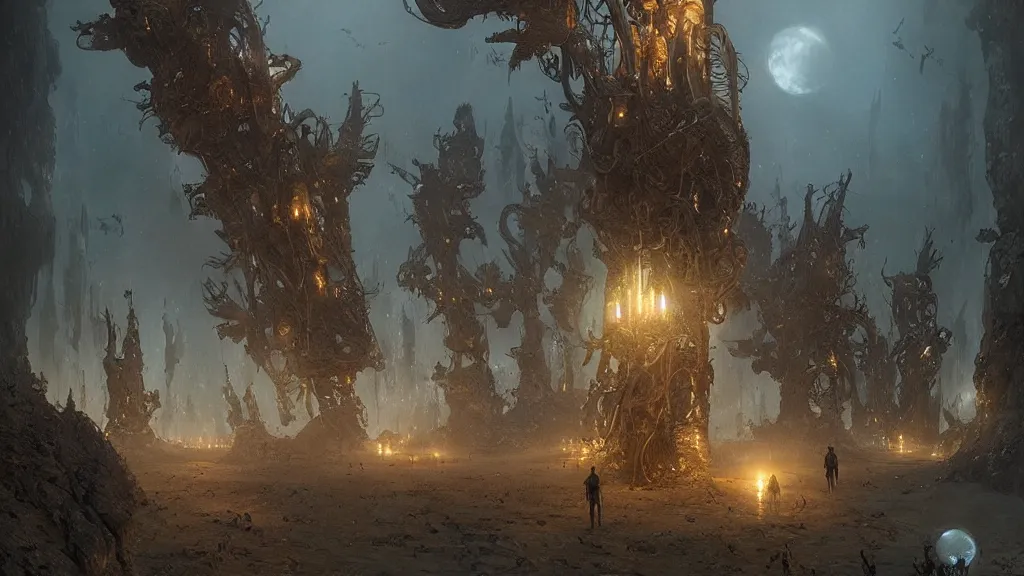 Image similar to eerie atmospheric alien lifeforms by yoann lossel and stephan martiniere, cinematic matte painting