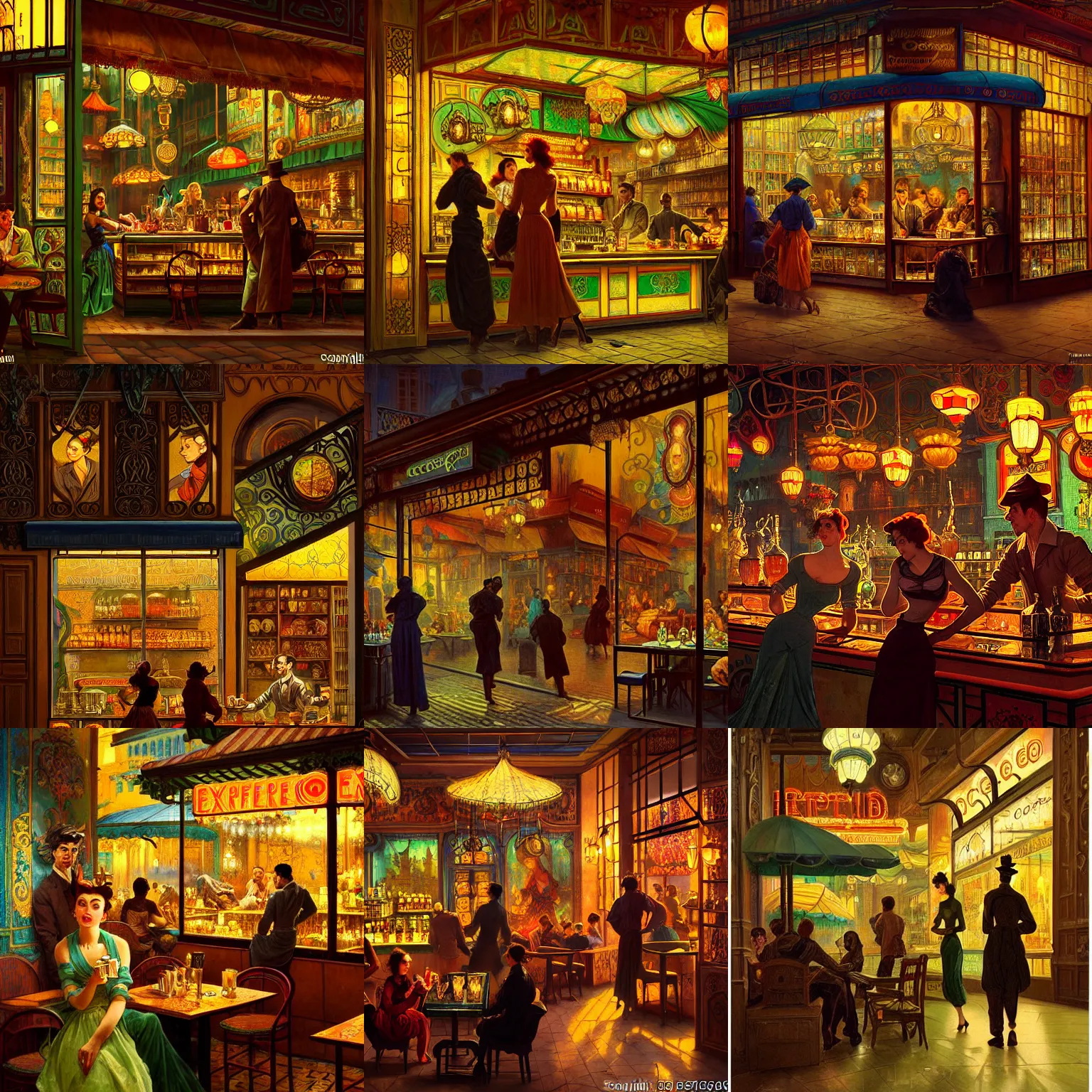 Prompt: 1950s Neo Rococo Expressionist orientalism a coffee shop store in The City of Ukraine at night with a few customers 🍸, extreme plus resolution fantasy concept art, intricate details to everything visible, sharp lighting, Dramatic light by denis villeneuve, strong emphasis on alphonse mucha, Makoto Shinkai