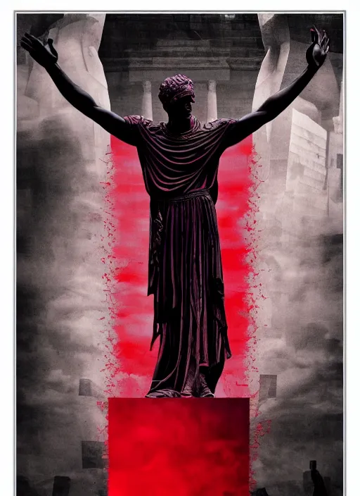 Image similar to design poster showing a statue of julius caesar, black background with very subtle red and purple design elements, powerful, nekro, guido crepax, graphic design, collage art, thin lines, dark, glitch art, neo vaporwave, gritty, layout frame, square, trending on artstation