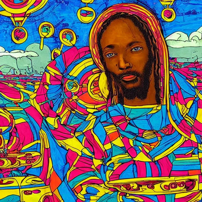 Image similar to UFO hovering over an African Jesus , colourful, in the style of Nigerian truck art,