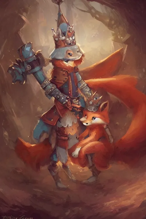 Image similar to cute little anthropomorphic foxy knight wearing a cape and a crown, tiny, small, miniature fox, baby animal, short, pale blue armor, cute and adorable, pretty, beautiful, DnD character art portrait, matte fantasy painting, DeviantArt Artstation, by Jason Felix by Steve Argyle by Tyler Jacobson by Peter Mohrbacher, cinematic lighting