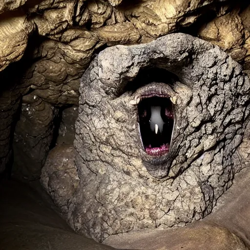 Image similar to photo inside a cavern of a wet reptilian humanoid putin partially hidden behind a rock, with black eyes, open mouth and big teeth