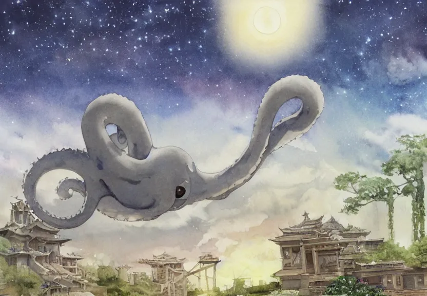 Image similar to a hyperrealist watercolor concept art from a studio ghibli film showing one giant grey octopus. a temple is under construction in the background in india on a misty and starry night. by studio ghibli. very dull muted colors