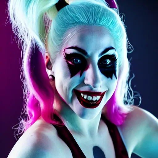 Image similar to close-up photograph of Lady Gaga portraying Harley Quinn while laughing in the movie Joker 2023, dancing pose, moody lighting, award winning photo by Annie Leibovitz, 4k