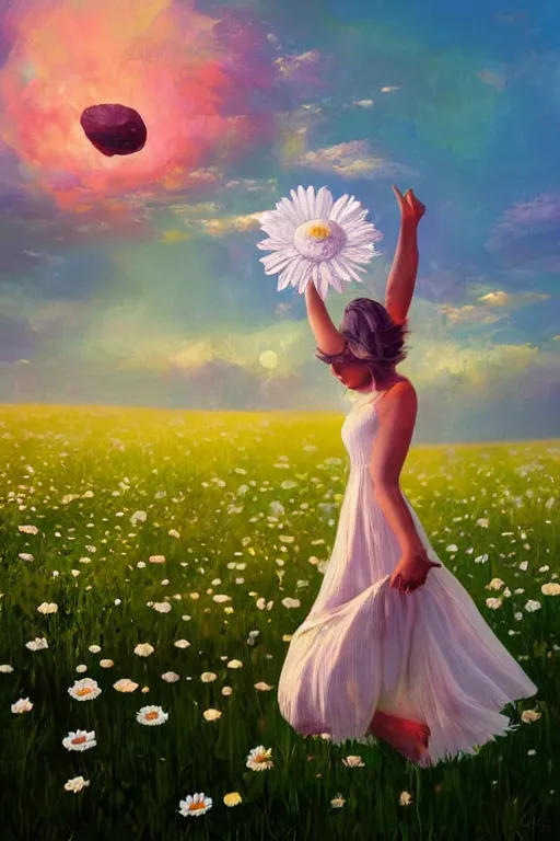 Image similar to giant white daisy flower as head, girl dancing in a flower field, surreal photography, sunrise, dramatic light, impressionist painting, colorful clouds, digital painting, artstation, simon stalenhag