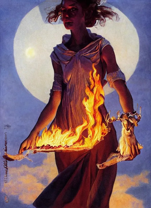 Prompt: symmetry! half length portrait of a bautiful firy witch girl burning with a goat in her hands, glowing fire, clouds, sunset, studio light, by mikhail vrubel, by peter elson, muted colors, extreme detail, trending on artstation, 3 5 mm, 8 k