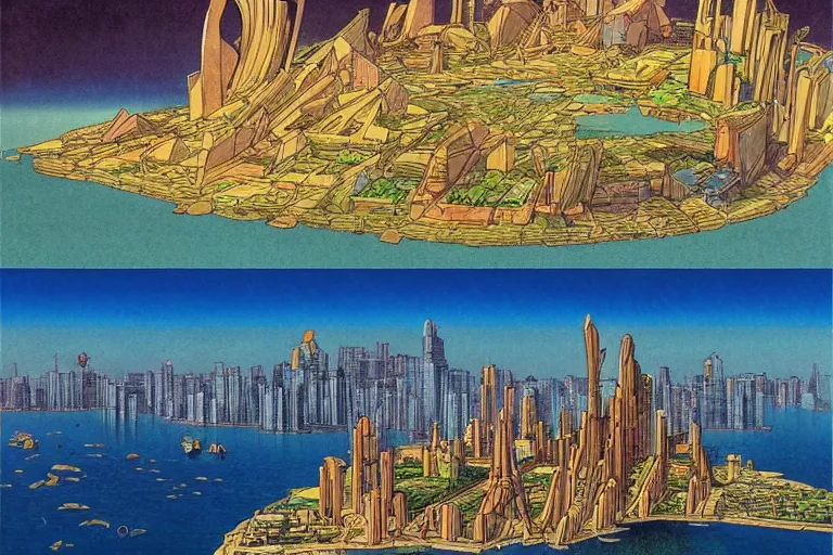 Image similar to a metropolis built on a island floating above the sea in the sky, waterfalls fall from the island into the sea, by moebius, colorful, highly - detailed, concept art