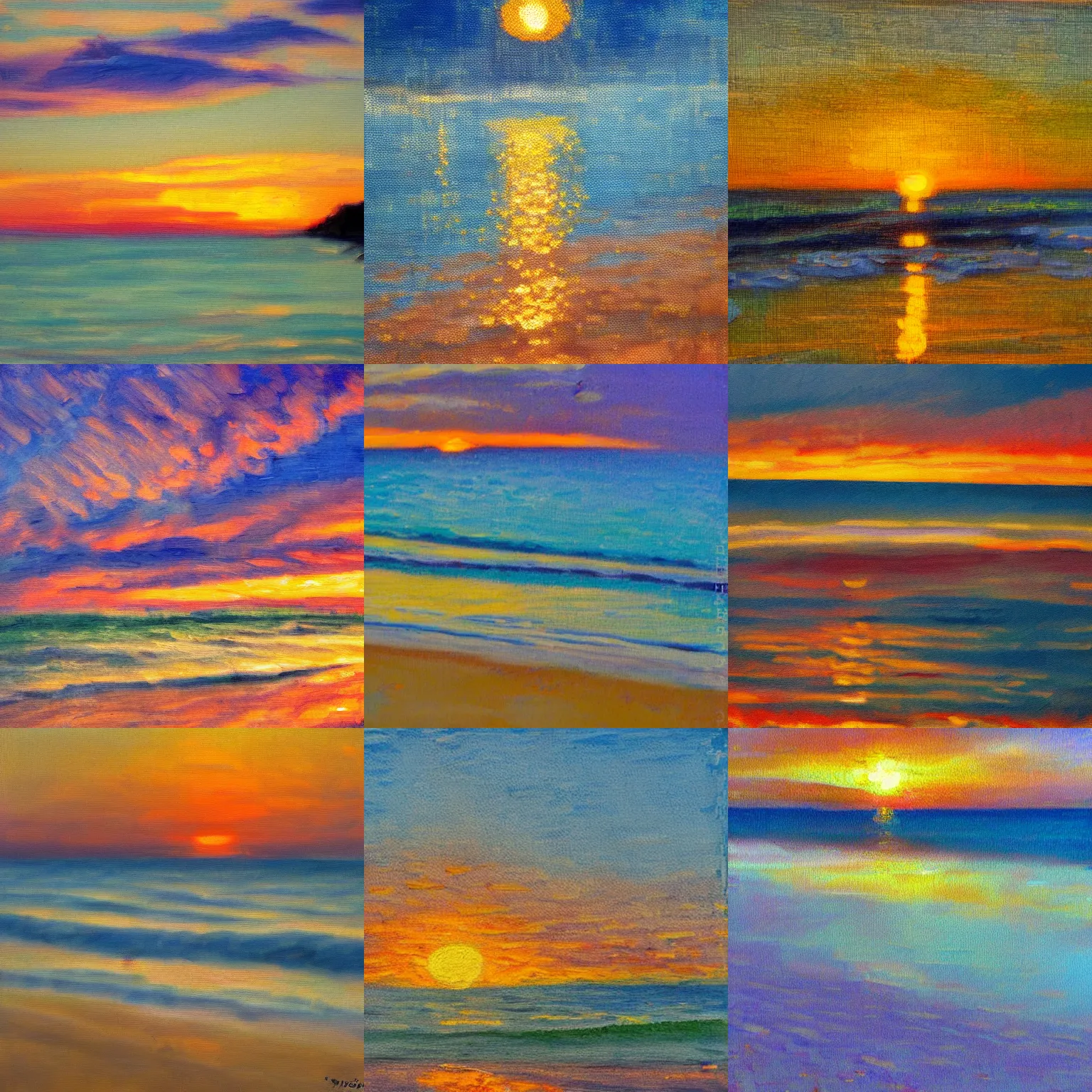 Prompt: an impressionist painting of a sunset at the beach