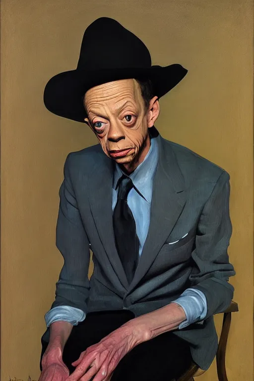 Prompt: portrait of don knotts sitting with full face full figure seductive sensual alluring attractive, in the style of disco elysium, expressionism, artstation, trending, andrew wyeth, jamie wyeth, john singer sargent,
