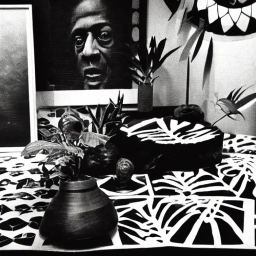 Image similar to A black and white photography of an exhibition space with objects of Sun Ra, Marcel Duchamp and tropical plants, 60s, offset lithography print, close up shot