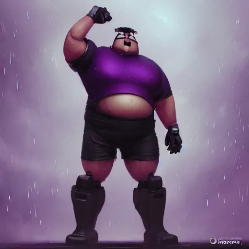 Prompt: fat robot, highly detailed, tall, very mad face, fat, serious, purple shorts, lazy, insanely muscular, ripped, shredded, beast, rain background, digital art, pixiv fanbox, artstation, by greg rutkowski, wlop