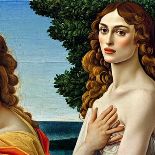 Prompt: Portrait of Keira Knightley as Venus in the painting The Birth of Venus, by the Italian artist Sandro Botticelli, Tempera on canvas