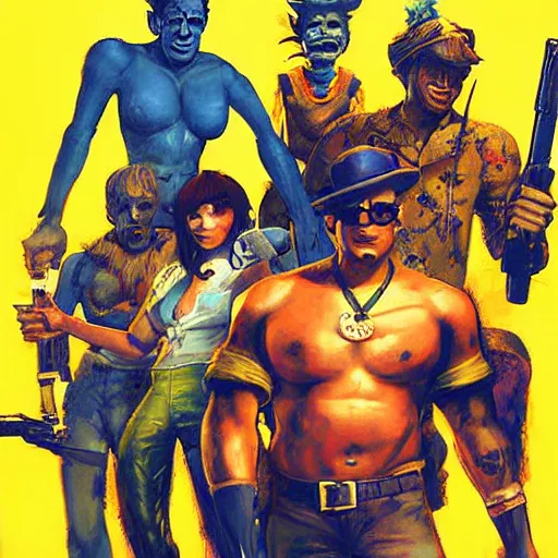 Prompt: The Banana Blue Gang, game poster printed on playstation 2 video game box , Artwork by Craig Mullins, cinematic composition