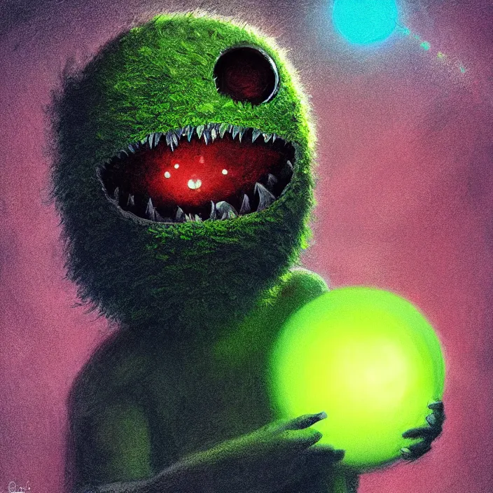 Image similar to cinematic portrait of a cute tennis ball monster in the abyss of space, chalk, masterpiece, trending on artstation, featured on pixiv, cinematic composition, dramatic pose, beautiful lighting, sharp details, hyper - detailed, hd, hdr, 4 k, 8 k, art by basil gogos