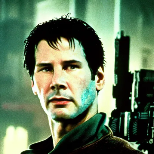 Image similar to A young Keanu reeves as Rick Deckard on blade runner 1982, movie still, in color, movie frame, detailed face, symmetrical face, 4k,