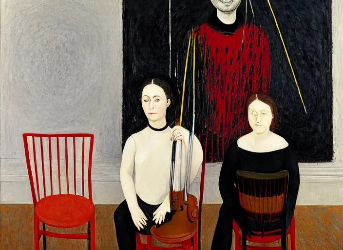 Prompt: portrait of two young nervous violin players sitting on chairs getting ready to perform, half figure front, vincent lefevre and pat steir and hilma af klint, psychological, photorealistic, symmetrical faces, intriguing eyes, dripping paint, washy brush, rendered in octane, altermodern, masterpiece