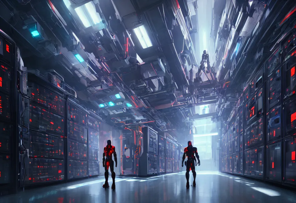 Image similar to shot of film, human like a mech, full body, in detailed server room, in data center, character design, symmetrical, vivid color, complementary color, detailed, sharp lines, trending on artstation, volumetric lighting, dramatic lighting by yoichi hatakenaka, cyberpunk art by asher brown durand