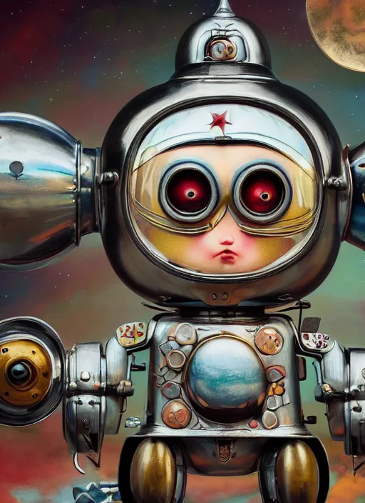 Prompt: highly detailed closeup portrait of a cute tin toy retro rrocket spaceship, nicoletta ceccoli, mark ryden, lostfish, earl nore, hyung tae, frank frazetta, global illumination, god rays, detailed and intricate environment