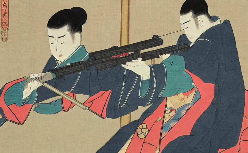 Image similar to a Japanese painting of the emperor of Japan shooting a laser gun