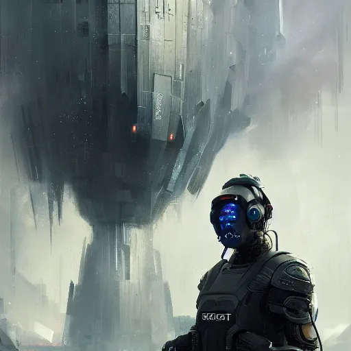 Image similar to portrait scifi art by Greg Rutkowski, a man wearing futuristic riot control gear, claustrophobic and futuristic environment, detailed and intricate environment, high technology, highly detailed portrait, digital painting, artstation, concept art, smooth, sharp foccus ilustration, Artstation HQ