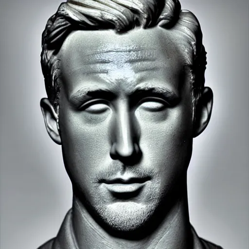 Image similar to ryan gosling as roman statue, dramatic light, reflective, clear face