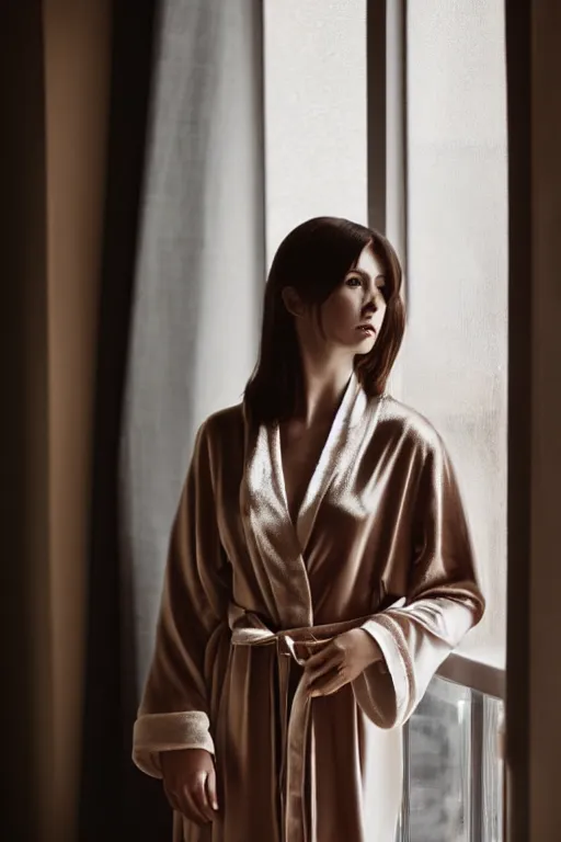 Image similar to a stunning brunette, wearing a silky robe, sunlight shining through, standing near a window, cinematic, by wlop