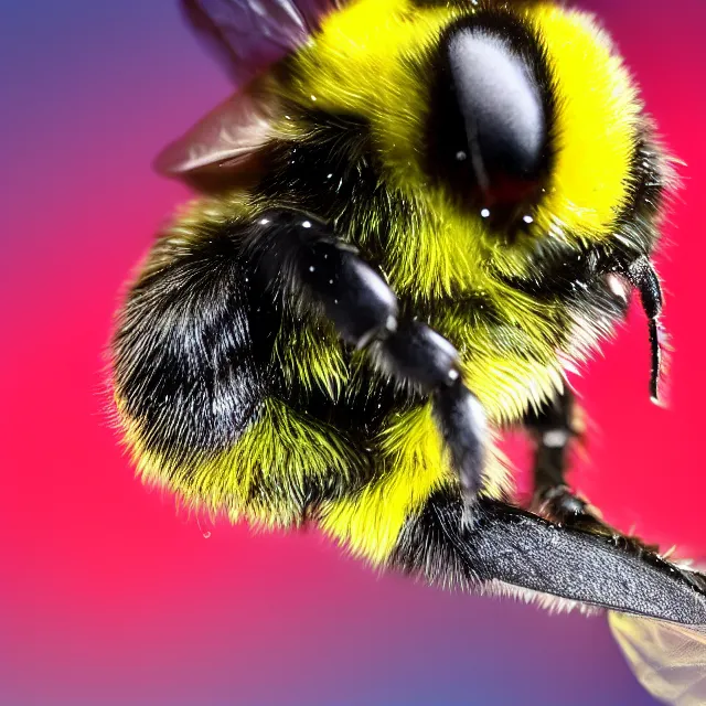Prompt: bumble bee, red background, flying, 4 k