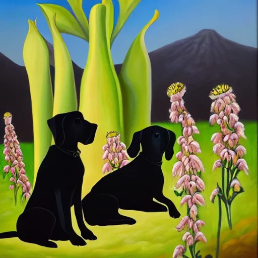 Image similar to oil painting of datura strammonium flowers with a vicious black dog in the foreground