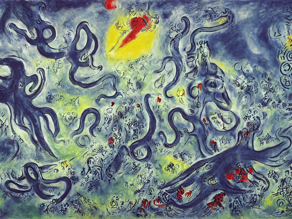 Prompt: giant octopus attacking London, painting by chagall, 4k