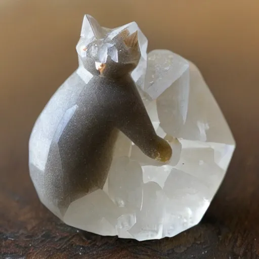 Prompt: Cat made of quartz crystal, faceted, gem quality, living stone, mineral beast, cute, cuddly, wholesome, dazzling, sparkling