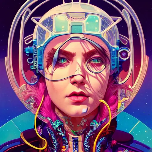 Image similar to high quality high detail portrait of a snow queen diesel punk character in an futuristic world, tristan eaton, victo ngai, artgerm, rhads, ross draws, hyperrealism, intricate detailed, alphonse mucha, pastel colors, vintage, artstation,