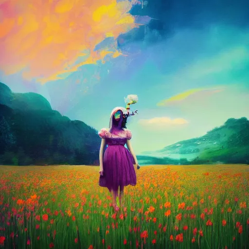 Image similar to girl with a singular flower for a head, surreal photography, dream, standing in flower field, magical, in a valley, sunrise dramatic light, impressionist painting, colorful clouds, artstation, simon stalenhag, flower face